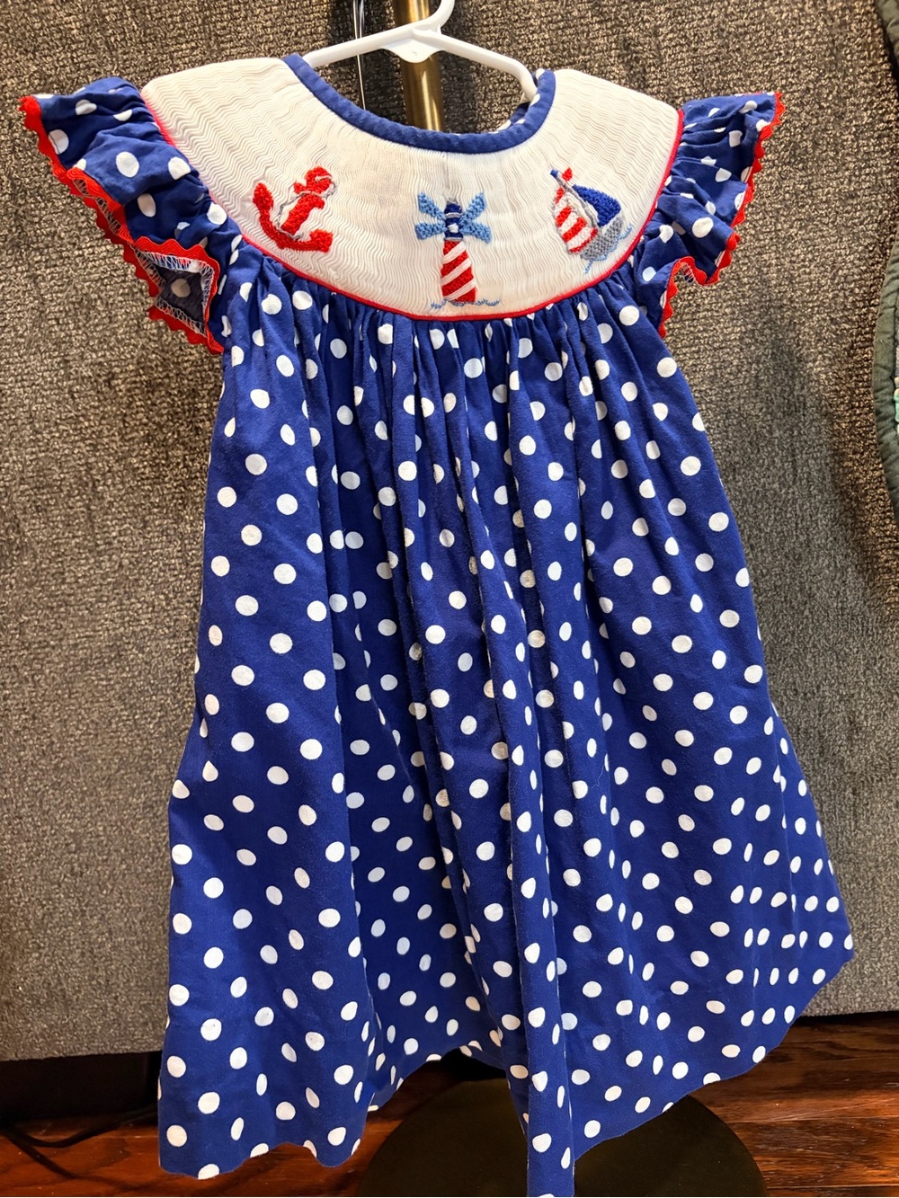 Nautical Blue Polka Dot Smocked Girls Dress